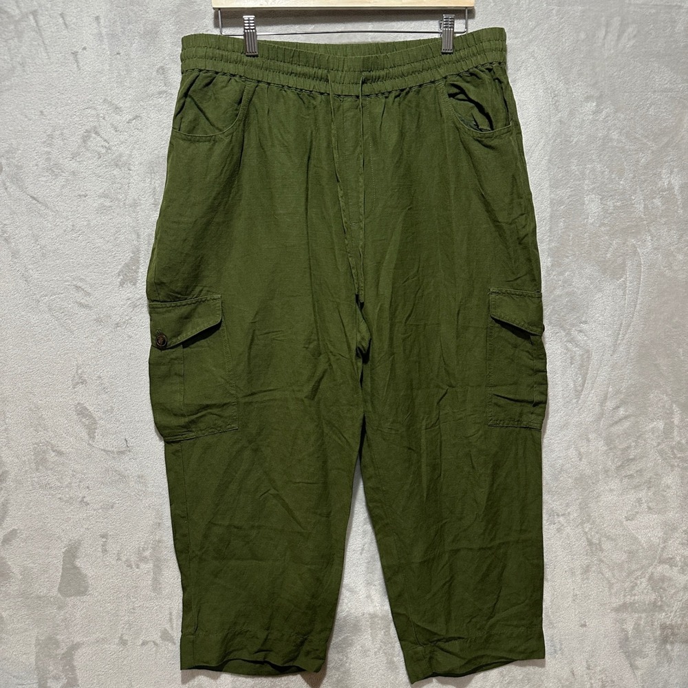 Madewell Linen Blend Cargo Crop Barrel Wide Pants Green XL Drawstring Boho